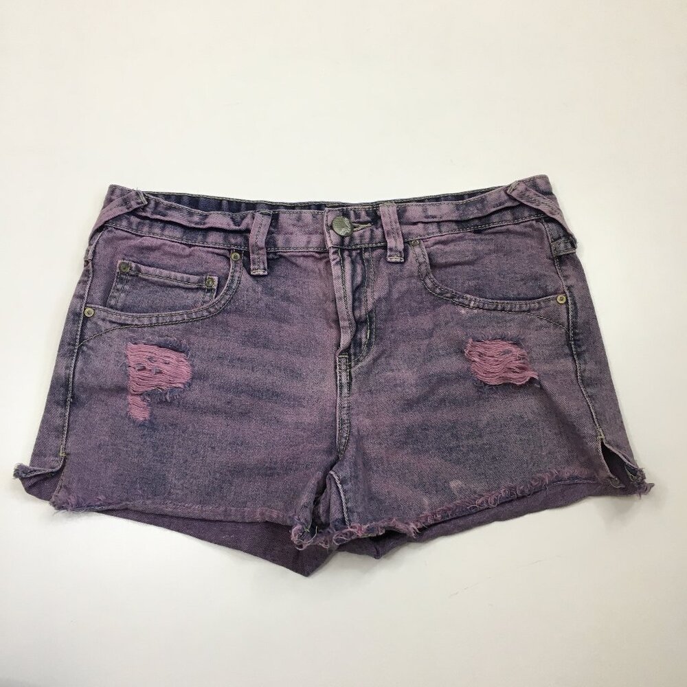 FREE PEOPLE 5 Pocket Purple Distressed Raw Edge Hem Cut Offs Denim Shorts